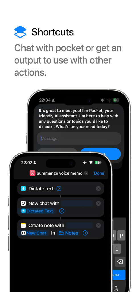 Local AI Chat - pocket - A screenshot demonstrating the integration of Local AI Chat - pocket with iOS Shortcuts for automated tasks like summarizing voice memos and creating notes.