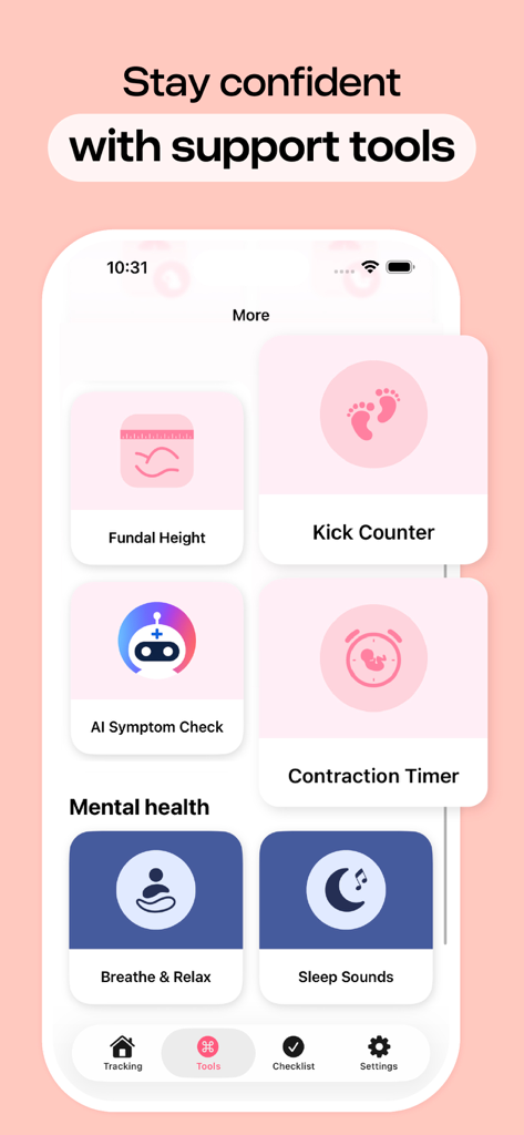 Pregnancy Tracker, Due Date - Interfaz de la aplicación Pregnancy Tracker que muestra varias herramientas de apoyo como un contador de patadas, un temporizador de contracciones y ejercicios de salud mental.