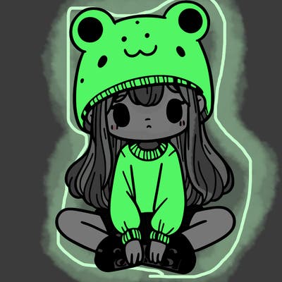 a girl wearing a frog hat and some frog socks