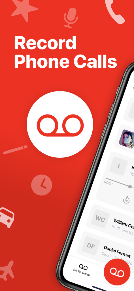 Um iPhone exibindo a interface do aplicativo de gravação de chamadas com uma lista de gravações salvas contra um fundo vermelho com o texto Gravar Chamadas Telefônicas