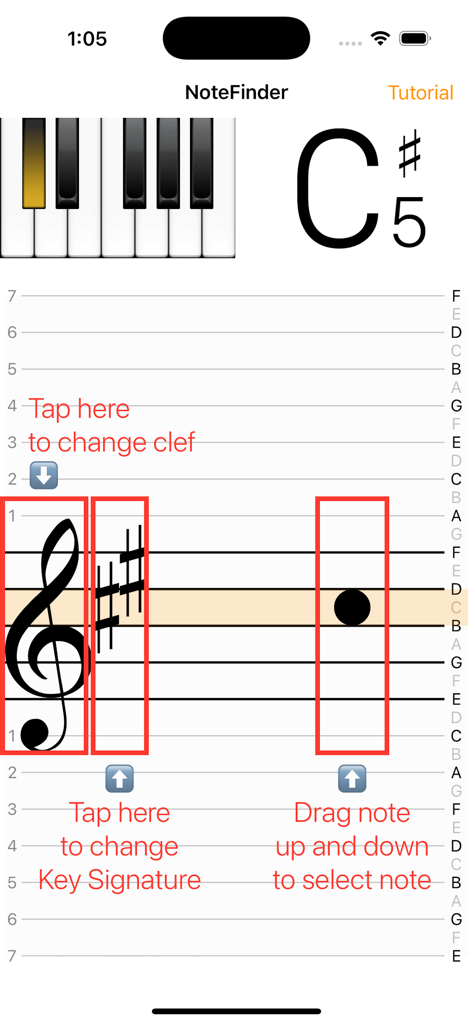 NoteFinder (for Sheet Music) - Tutorial screen of NoteFinder app showing musical staff mapping to piano keys.