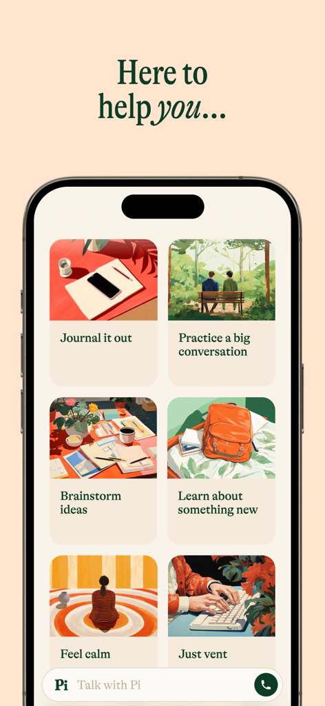 Pantalla de inicio de la aplicación Pi IA que muestra funciones para escribir un diario, desahogarse y sentirse tranquilo.