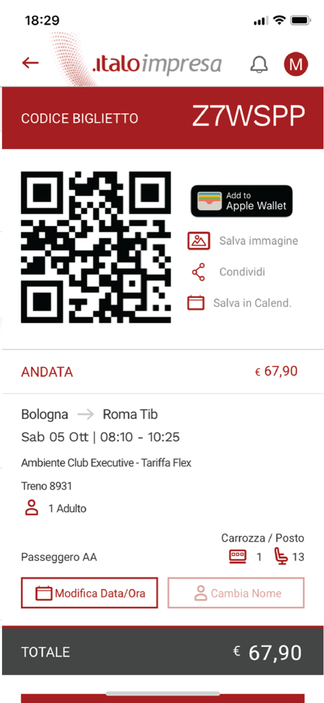 Biglietto del treno mobile nell'app Italo Impresa che mostra un codice QR e i dettagli del viaggio per un tragitto da Bologna a Roma.