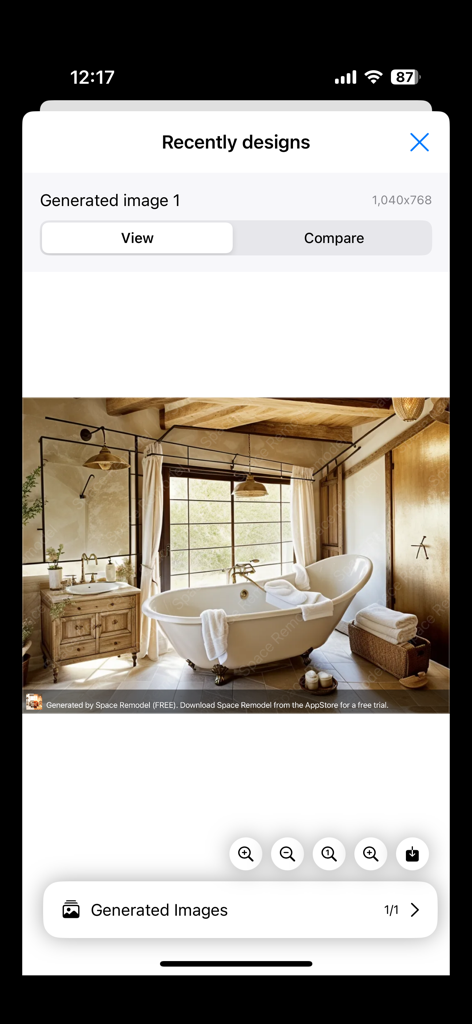 Space Remodel - AI generated rustic bathroom design with a clawfoot tub in the Space Remodel app interface