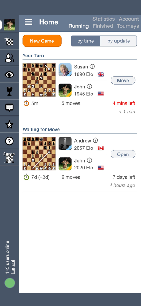 Home screen of the Chess Online app showing active games and player ratings.