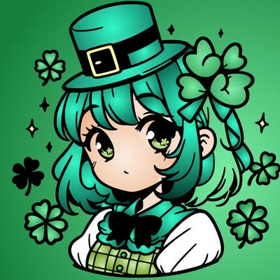a manga-style girl with clovers around her, a little hat in her hair, like it's saint patrick's day
