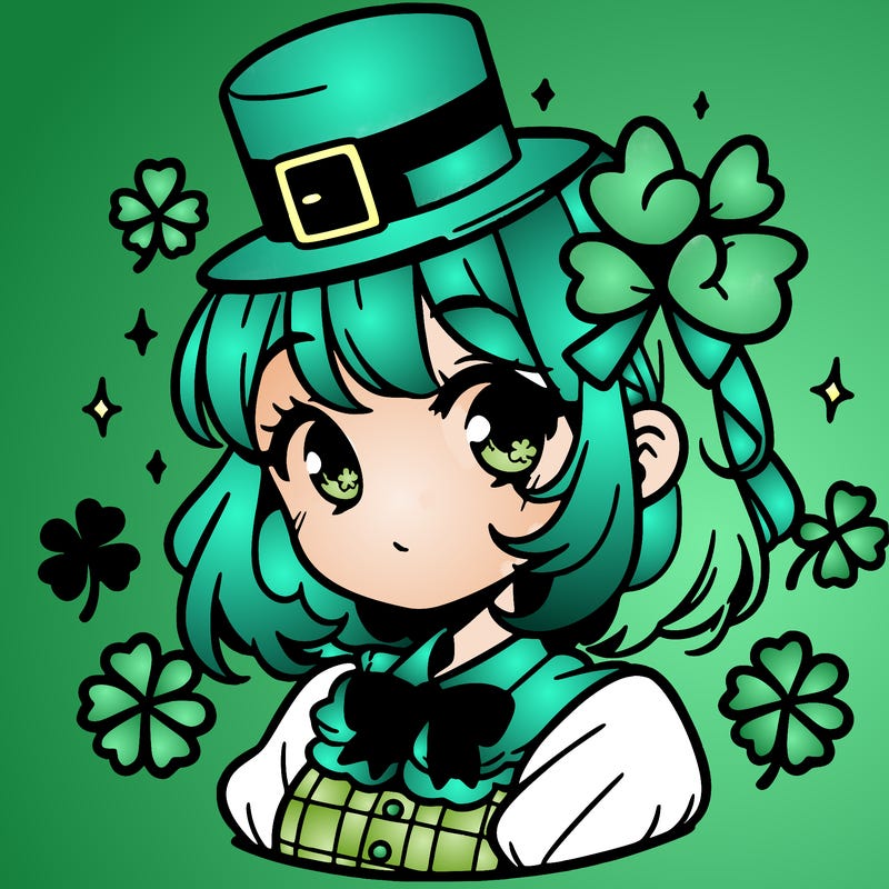 a manga-style girl with clovers around her, a little hat in her hair, like it's saint patrick's day