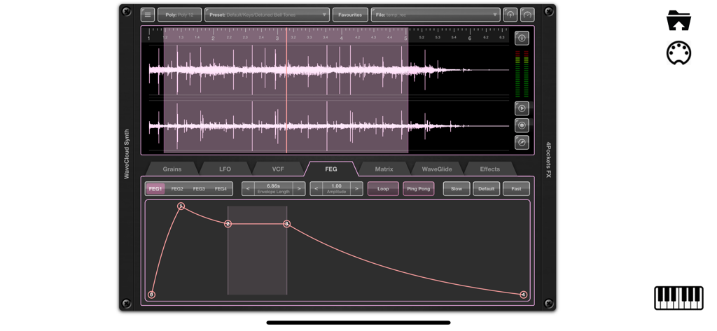WaveCloud Granular-Synthesizer App-Oberfläche mit Wellenform-Editor und Frequenzhüllkurvengenerator-Einstellungen