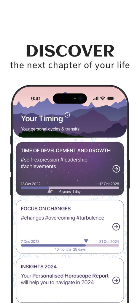 InnerChild app interface showing personalized astrology timing and life cycles for development and growth