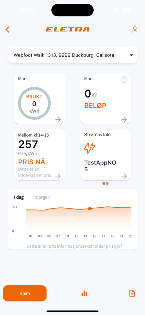 Eletra Energia Suomi App-Dashboard mit Echtzeit-Strompreisen und dem Energieverbrauch des Haushalts.