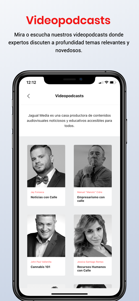 Screen of the Jay Fonseca app showing a selection of videopodcasts by different experts