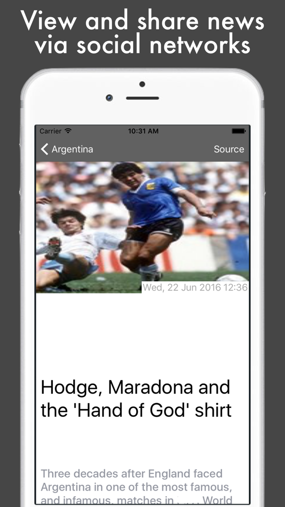 A news article screen in the Football News app featuring a story about Diego Maradona and the Hand of God shirt