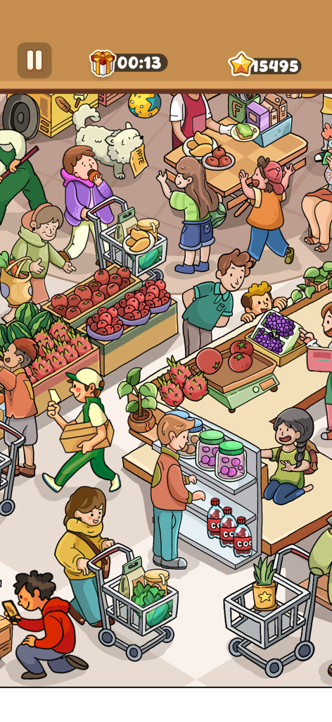 Sticker Puzzle: Colorful Book - ステッカーパズルアプリの、買い物客や果物屋台のある賑やかな食料品店のカラフルな漫画のシーン