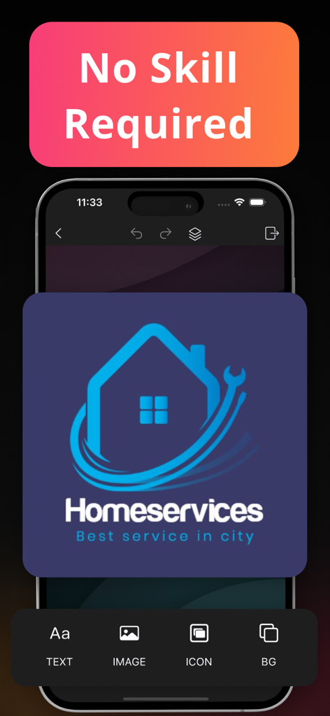 Logo Maker · Ai Flyer Maker - Evolvo app interface showing a professional home services logo being edited with a text banner stating No Skill Required.