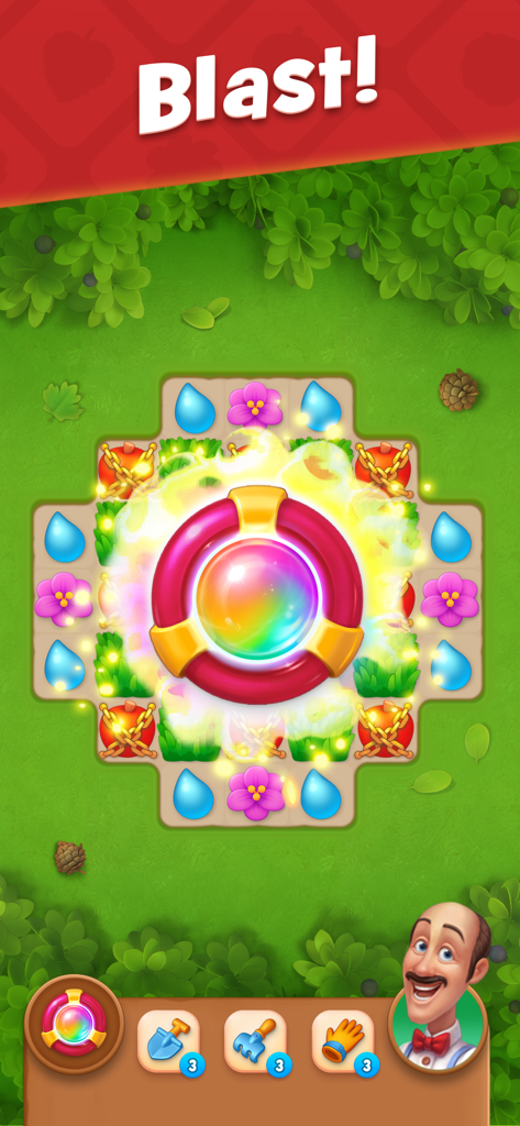 Gardenscapes match-3 gameplay showing a rainbow blast power-up activation and Austin the Butler