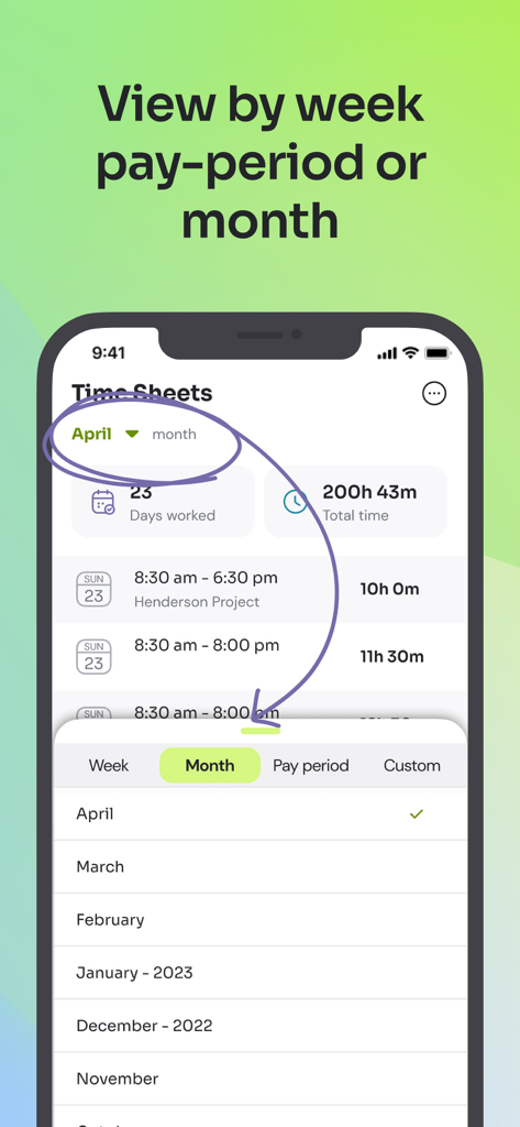Time Squared: Hours Tracker - Time Squared app screen for viewing timesheets by week month or pay period