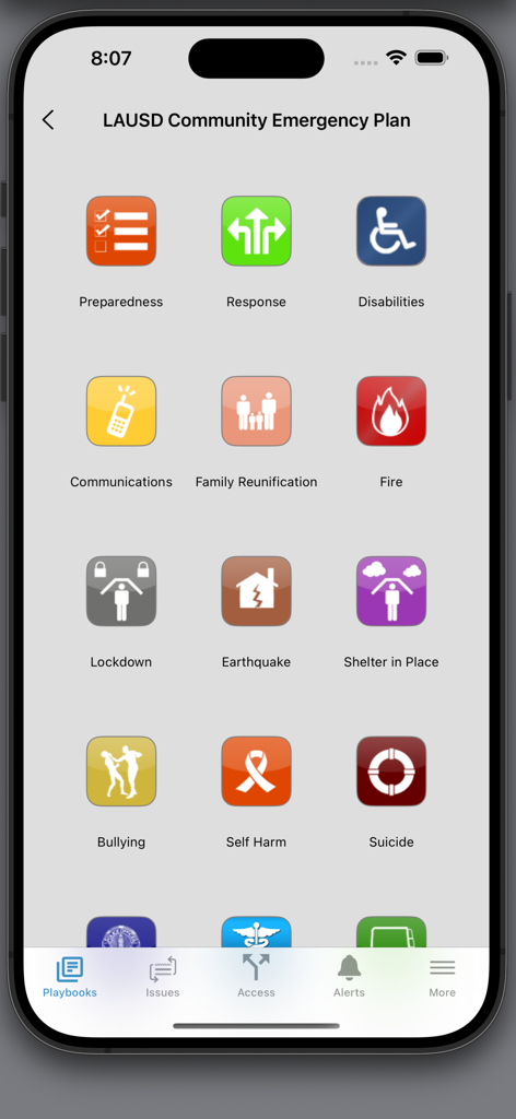 LAUSD EM - LAUSD EM app interface showing emergency response categories including fire earthquake and lockdown