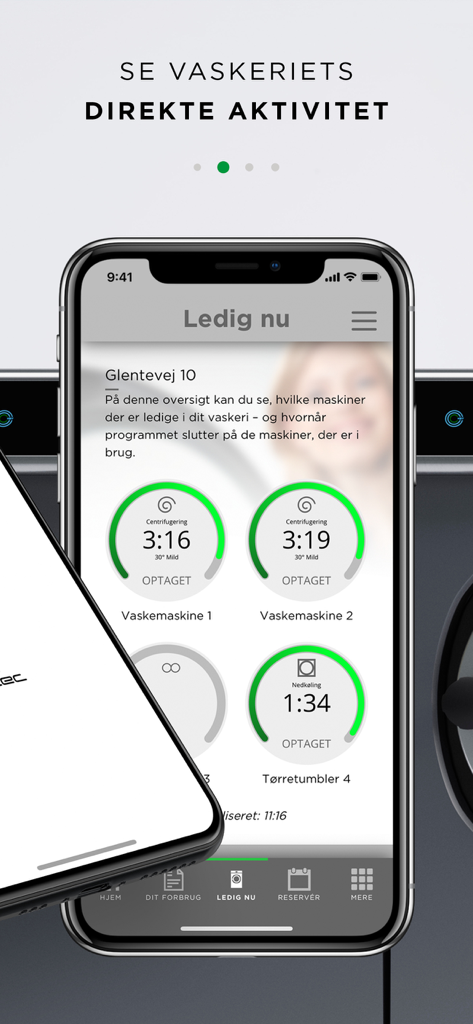 e-vaskeri - 共同洗濯機のリアルタイムの空き状況とタイマーを表示するe-vaskeriアプリのモバイルインターフェース
