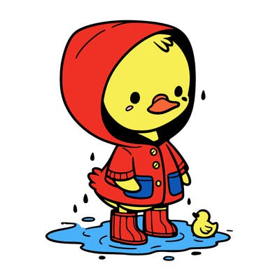 baby duck in a rain coat and boots, in a puddle while it’s raining