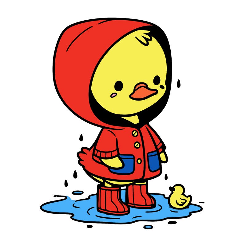 baby duck in a rain coat and boots, in a puddle while it’s raining