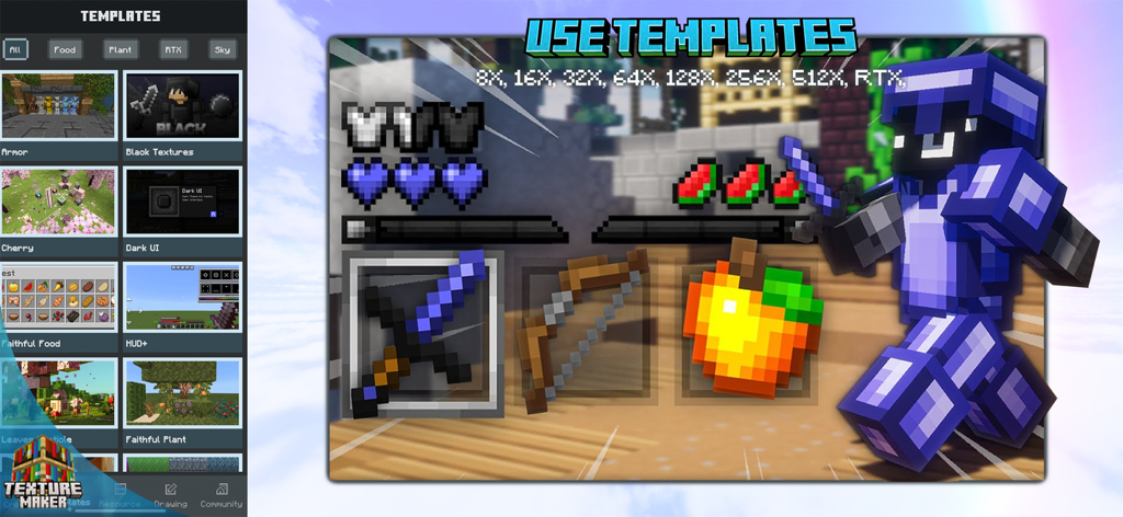 Interface of the Texture Maker for Minecraft PE app showing templates for armor, UI, and custom items like swords and apples