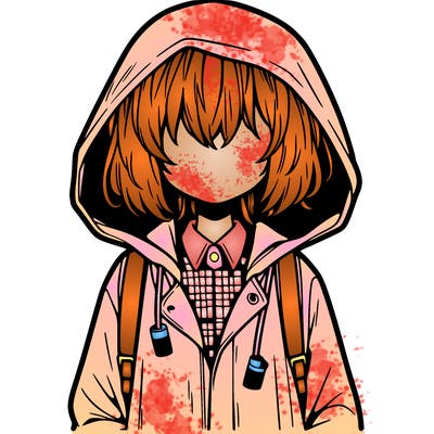 little anime girl in a raincoat her hair is covering her eyes she has a lighter