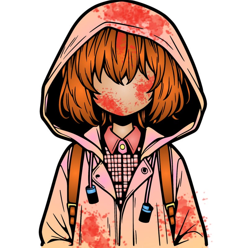 little anime girl in a raincoat her hair is covering her eyes she has a lighter