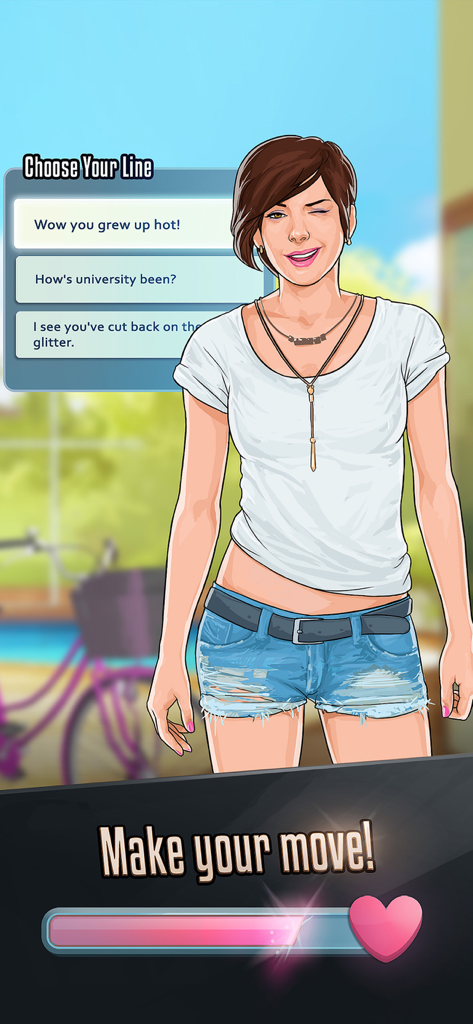 Une femme qui fait un clin d'œil dans un jeu de simulation de rencontres avec des options de dialogue de répliques interactives