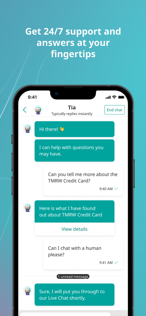 UOB TMRW Indonesia - UOB TMRW mobile app interface showing 24/7 customer support live chat with an AI assistant