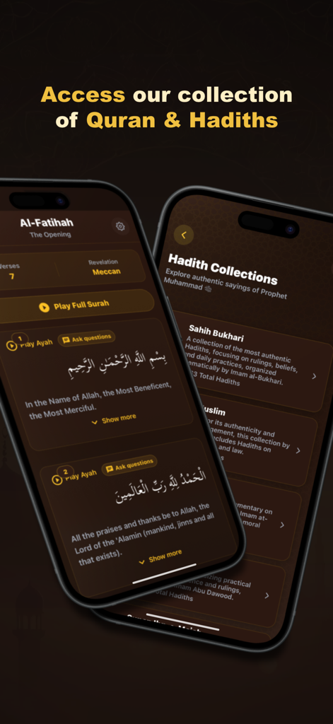 Pantallas de la aplicación móvil mostrando versos del Corán Al Fatihah y colecciones auténticas de Hadith