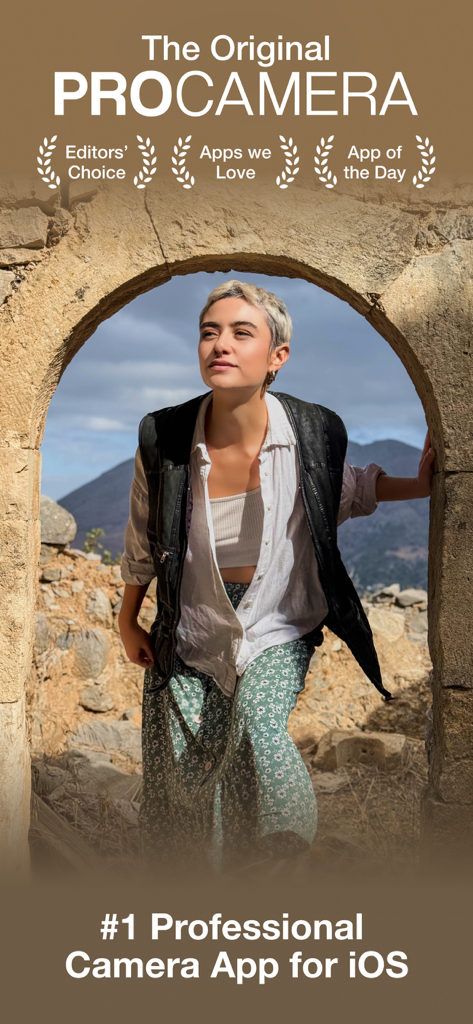ProCamera. Professional Camera - ProCamera app screenshot showing a woman framed in a stone archway with awards like Editors Choice and App of the Day.