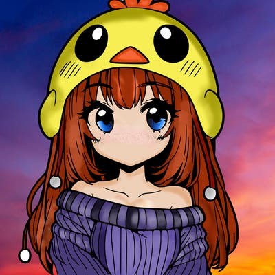 anime girl with chick shaped hat with sweater with bare shoulders with bangs covering them one eye with low tail