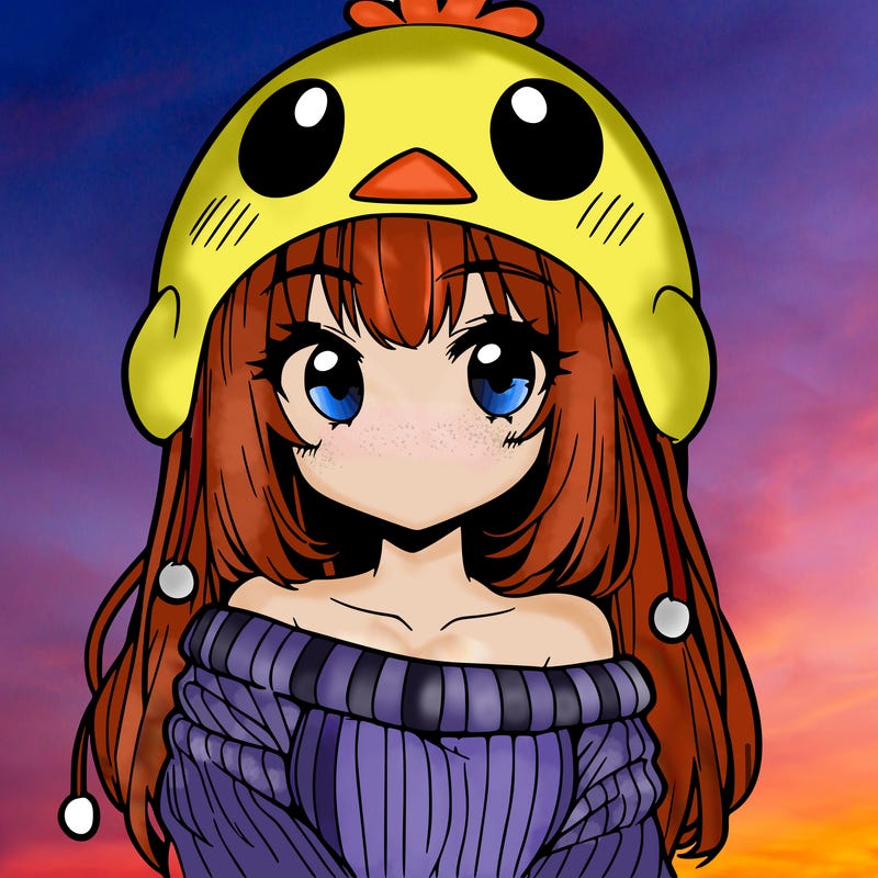 anime girl with chick shaped hat with sweater with bare shoulders with bangs covering them one eye with low tail
