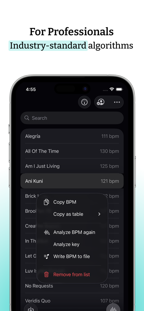 Interface of the BPM Finder app showing a list of songs with their analyzed tempo and a feature menu for music professionals.