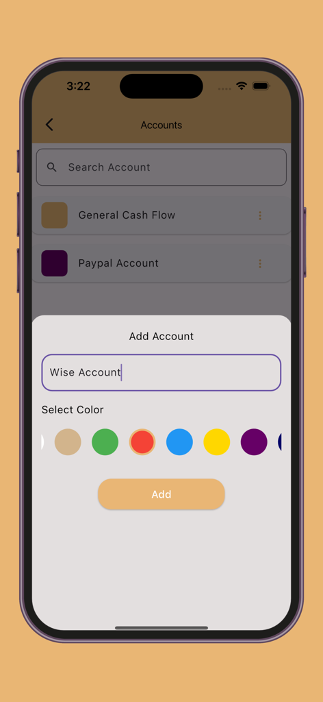 My Expense Manager and Tracker - Interface of My Expense Manager app showing the Add Account feature with options to name and color-code a new financial account