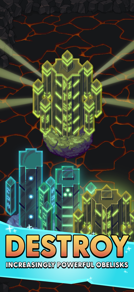 Idle Obelisk Miner - Glowing runic obelisks floating over a lava surface in Idle Obelisk Miner
