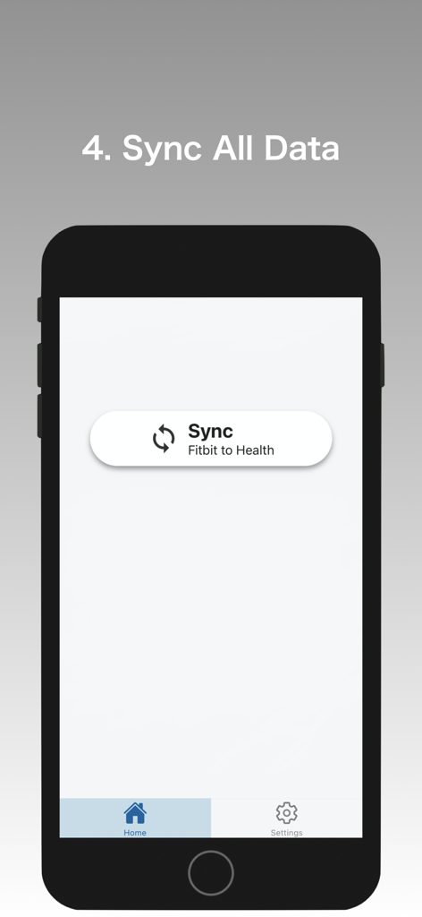 Captura de pantalla de la interfaz de la aplicación Sync Fitbit to Health que muestra un botón grande para sincronizar datos de Fitbit a Apple Health