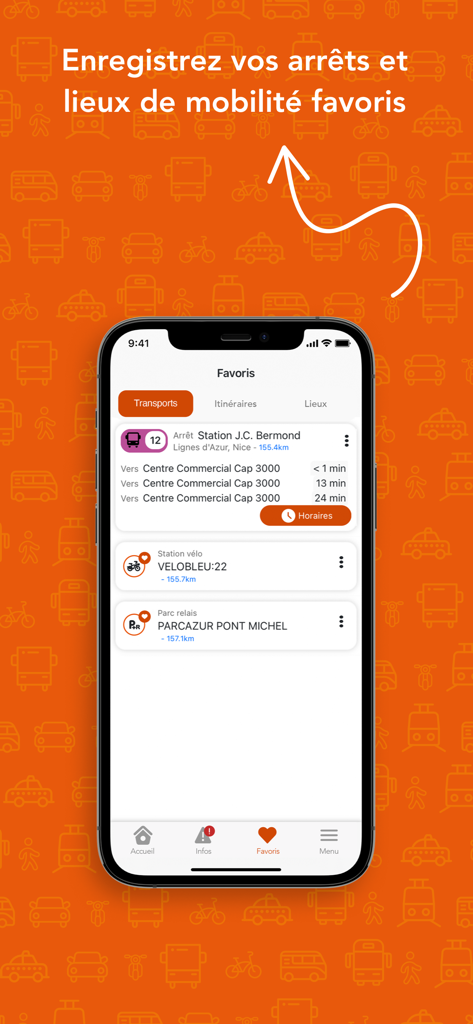 Lignes d’Azur Mobile - Application Lignes d Azur Mobile montrant le menu des favoris avec les arrêts de bus et les stations de vélos enregistrés à Nice