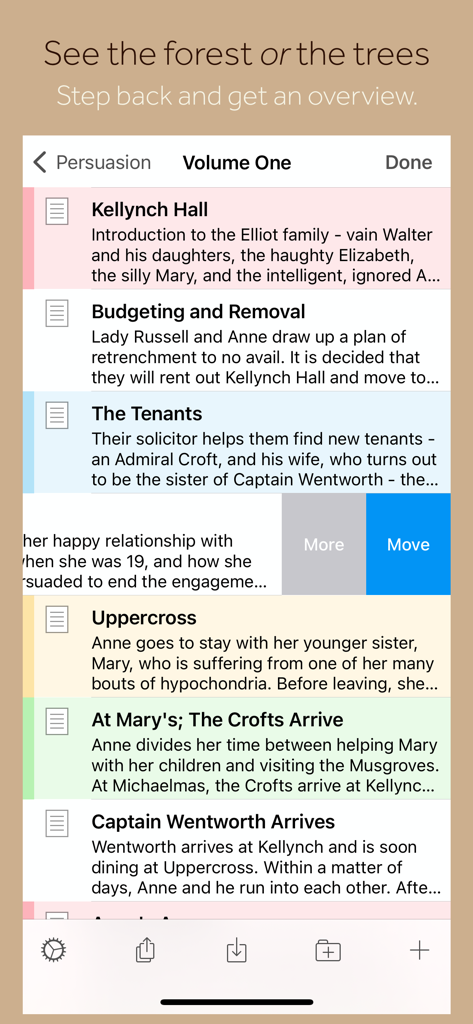 Scrivener - Scrivener app interface showing a list of manuscript chapters and summaries on iPhone.