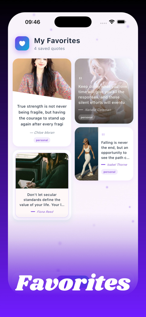 Baji~ - Baji app Favorites screen showing a collection of aesthetic quote cards with custom photos and text.