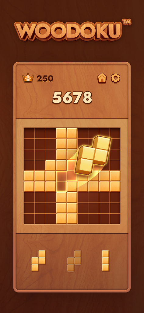 Woodoku - Wood Block Puzzles - Interfaccia del gioco Woodoku che mostra una griglia di puzzle di blocchi di legno con tessere di legno e un punteggio elevato