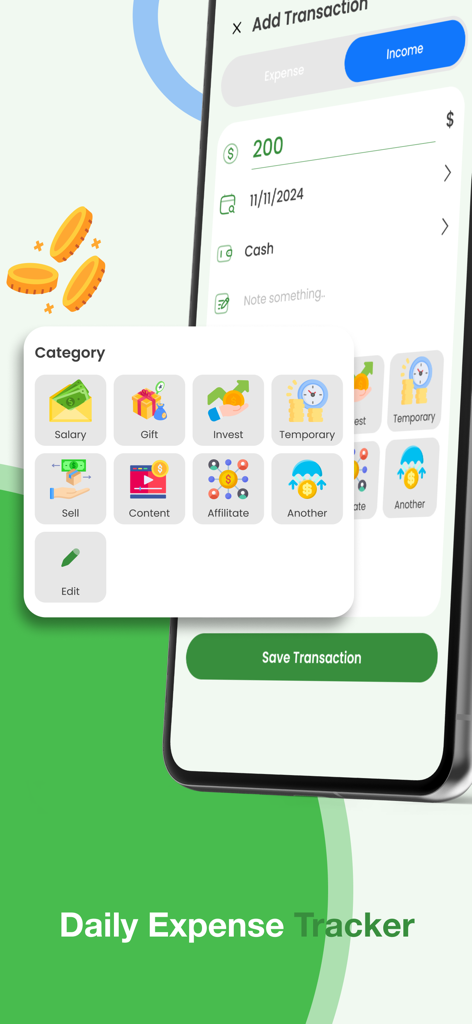 Coiny app interface showing the add income transaction screen with various category icons