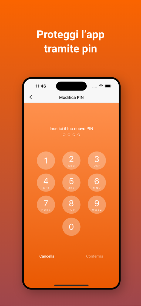 Virgilio Mail - Email App - Schermata dell'app Virgilio Mail che mostra l'interfaccia di immissione PIN numerico per una maggiore sicurezza dell'account