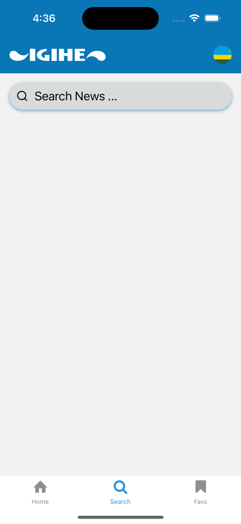 IGIHE - Suchoberfläche der IGIHE-Nachrichten-App mit einer Suchleiste und einem unteren Navigationsmenü.