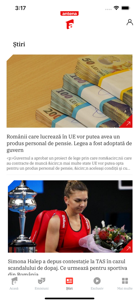 Antena 1 - Screenshot della sezione notizie dell'app mobile Antena 1 che mostra titoli rumeni con un menu di navigazione in basso