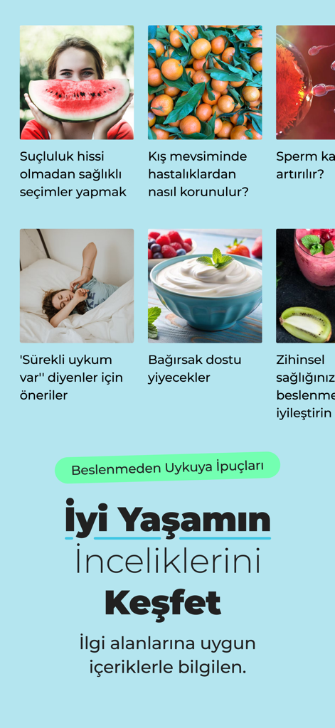 Interface do aplicativo móvel apresentando artigos de saúde e bem-estar sobre nutrição, sono e dicas de estilo de vida saudável.