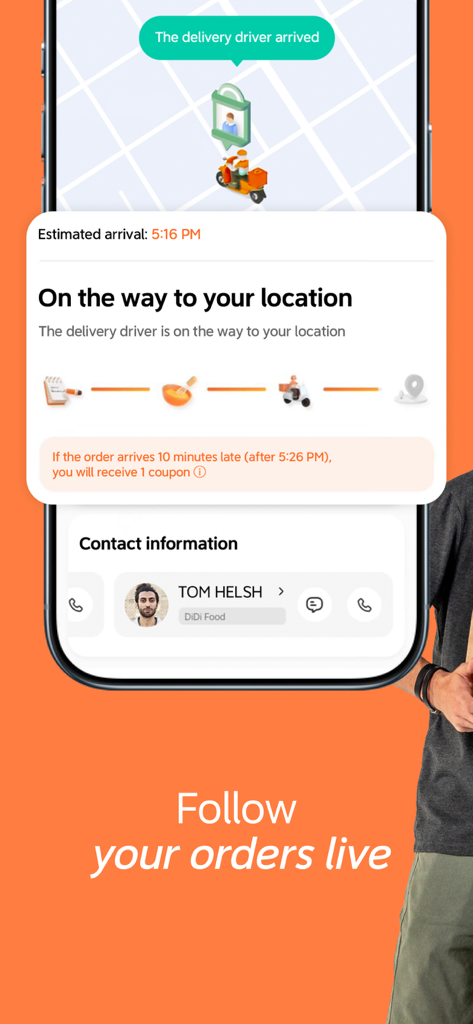DiDi Food - Food Delivery - Real-time order tracking screen in the DiDi Food app showing a delivery driver on a map with estimated arrival time and driver information