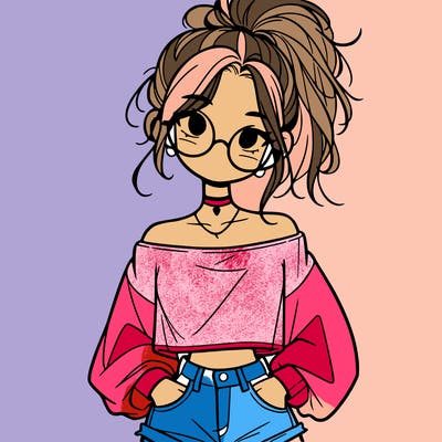 girl with a messy ponytail glasses a baggy crop top and jean shorts