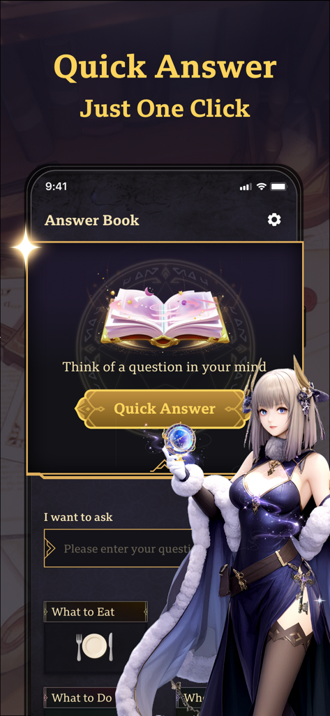 Interfaz de la aplicación Ask Book que muestra un personaje místico de anime y un botón de respuesta rápida para preguntas de la vida