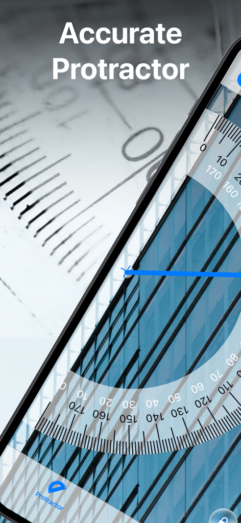 A digital protractor tool interface measuring angles on a glass building structure.